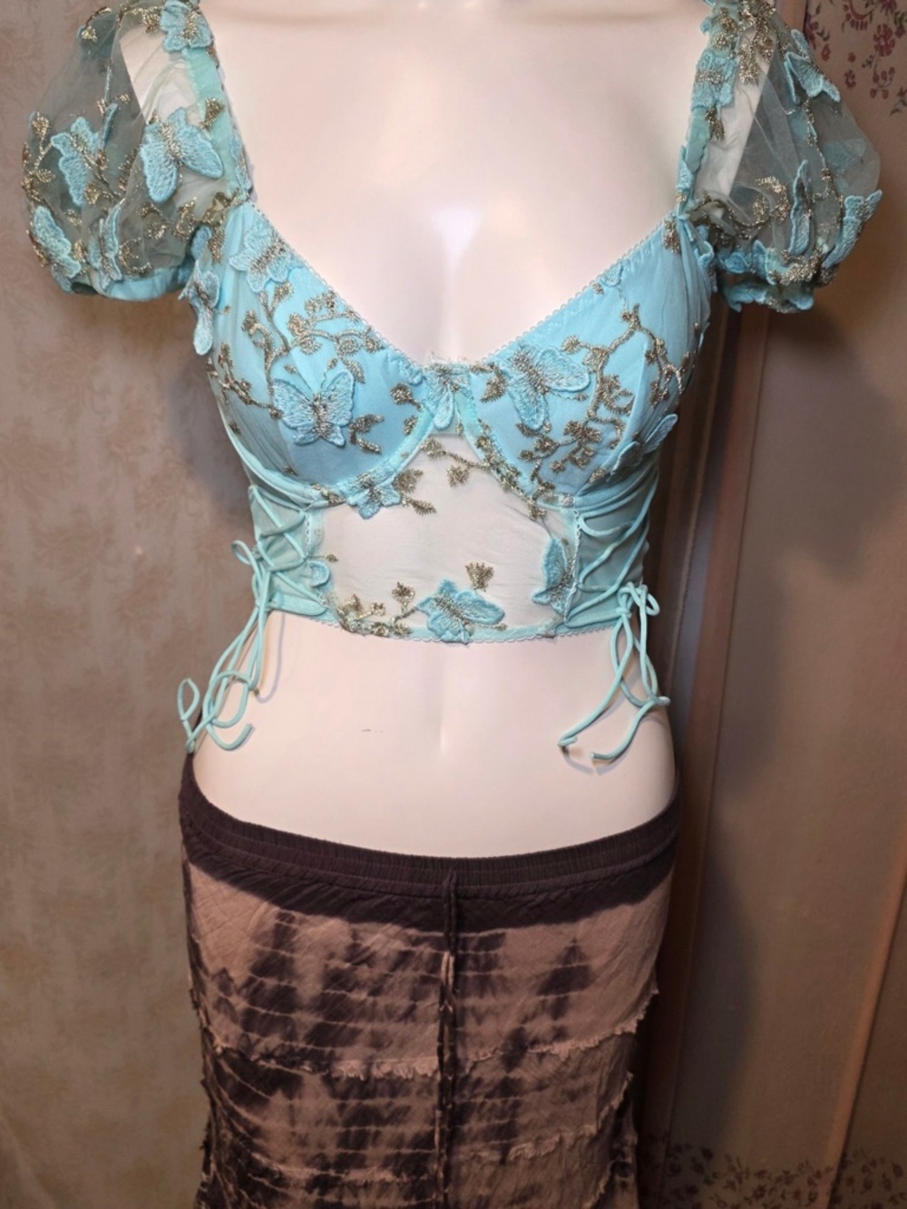 Aqua Embroidered Butterfly Corset like Crop Top